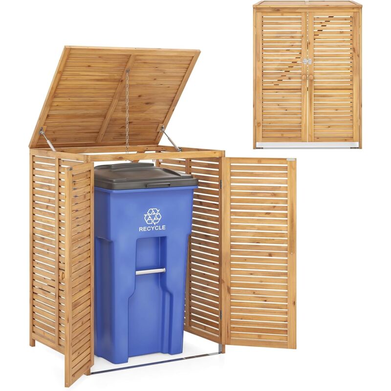 foto del prodotto goplus contenitore per rifiuti, resistente alle intemperie da 120 l in legno di abete, contenitore per attrezzi con coperchio a ribalta e catena