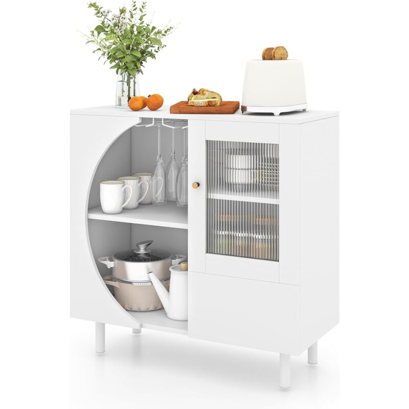 foto del prodotto goplus credenza da buffet, 80 x 30 x 80 cm, mobiletto per cucina,porta in vetro ondulato, portabicchieri a 2 file, ripiani aperti, metallo e legno,