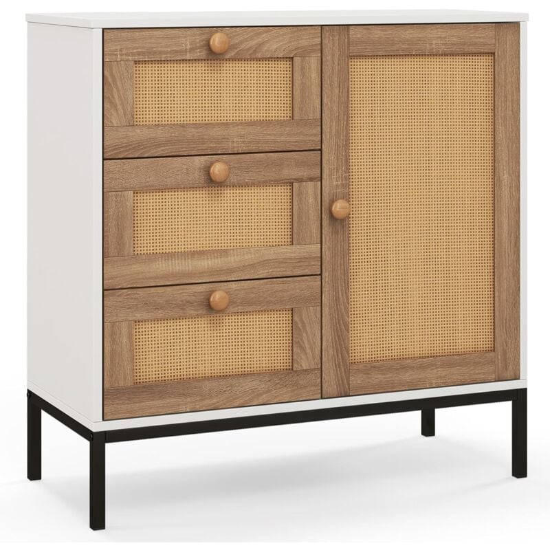 foto del prodotto goplus credenza in rattan, mobiletto multiuso di archiviazione con 3 cassetti e 1 porta, armadietto in accento per cucina soggiorno ingresso, 80 x