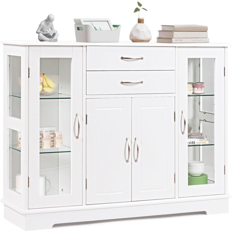 foto del prodotto goplus credenza per cucina, mobile di stoccaggio per cucina con porte e ripiani, 2 vetrine in vetro per sala da pranzo, corridoio, ufficio 107 x 30
