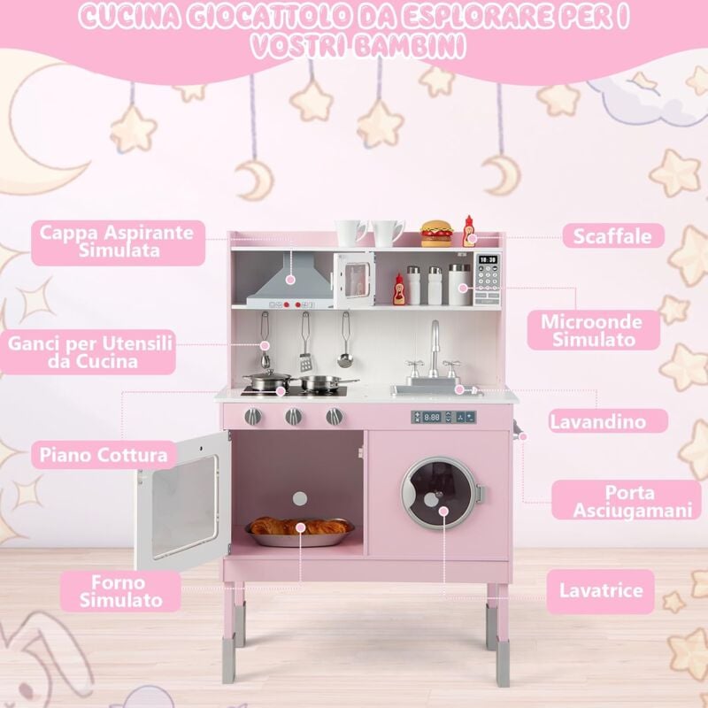foto del prodotto goplus cucina giocattolo per bambini con 16 accessori, kit da cucina con cappa, fabbricatore di ghiaccio e telefono, suoni e luci reali, gioco