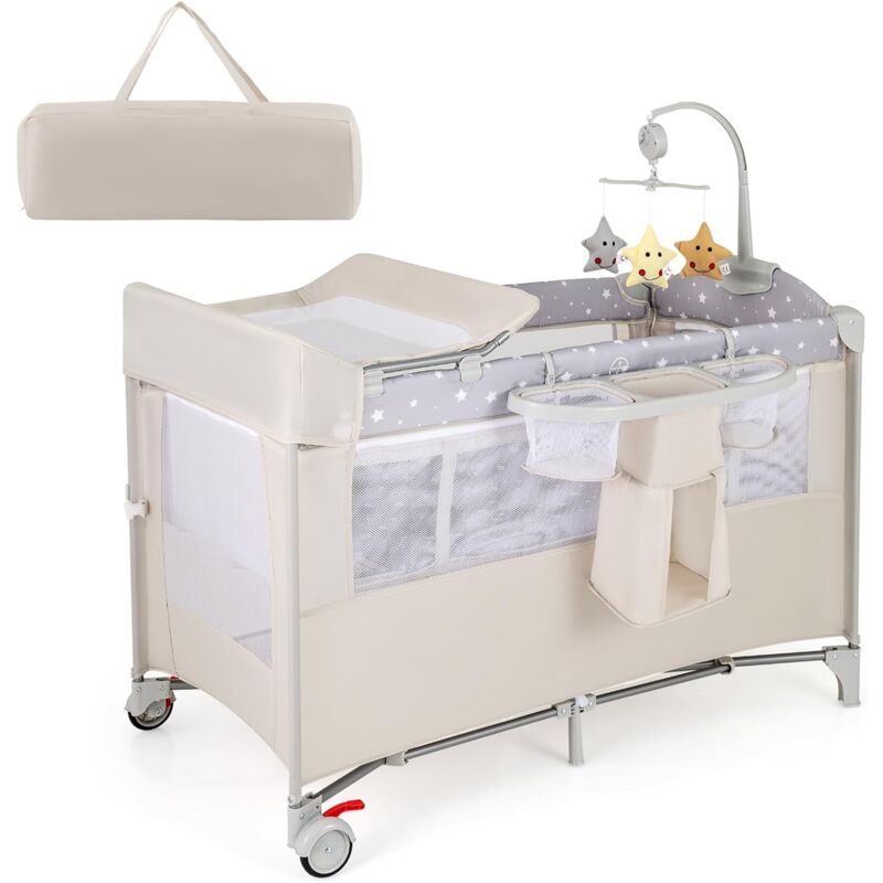 foto del prodotto goplus culla 5 in 1 con fasciatoio, palestrina, scatola musicale, giochi, da viaggio per bambini, lettino portatile con borsa da trasporto per