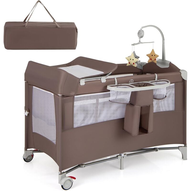 foto del prodotto goplus culla 5 in 1 con fasciatoio, palestrina, scatola musicale, giochi, da viaggio per bambini, lettino portatile con borsa da trasporto per