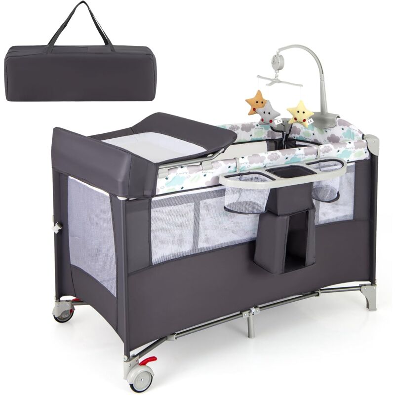 foto del prodotto goplus culla 5 in 1 con fasciatoio, palestrina, scatola musicale, giochi, da viaggio per bambini, lettino portatile con borsa da trasporto per