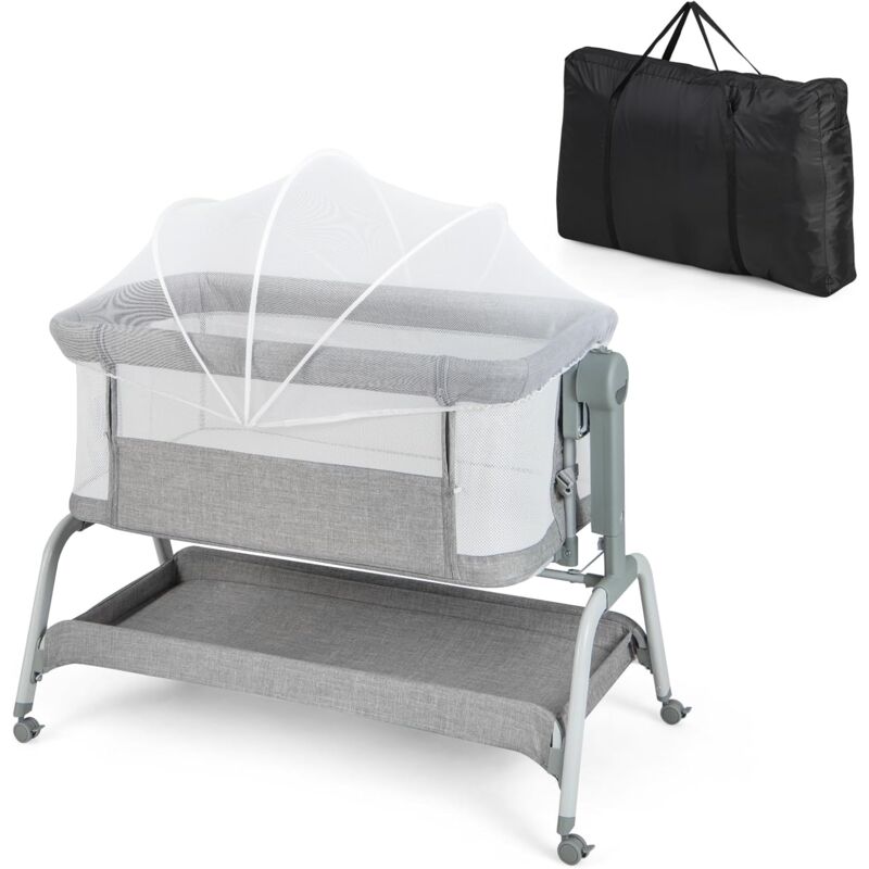 foto del prodotto goplus culla neonato fianco con reclinazione e altezze regolabili, lettino per bambini con materasso confortevole e zanzariera, lettino con ripiano