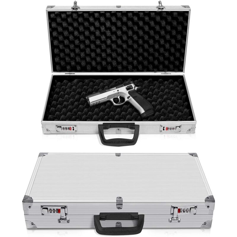 foto del prodotto goplus custodia dura per fucile lungo portatile in alluminio, valigetta per pistola con chiusura a combinazione,argento,47x25x8,3 cm