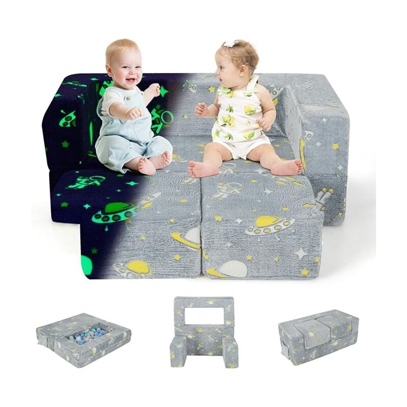 foto del prodotto goplus divano per bambini convertibile 3 in 1 con 2 pouf, 107 x 52 x 41,5 cm, divano pieghevole a 2 posti, imbottito con schienale e braccioli
