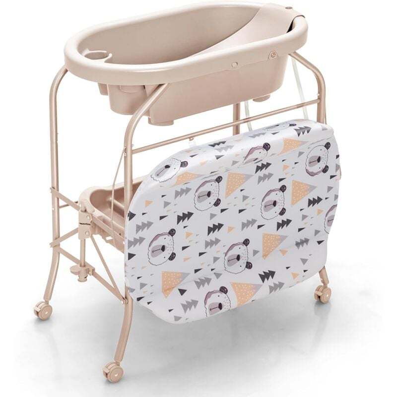 foto del prodotto goplus fasciatoio da bagno per bagnetto, con vassoio portaoggetti, ruote con freni, pieghevole salvaspazio con materassino in pvc ruote, 0 12 mesi