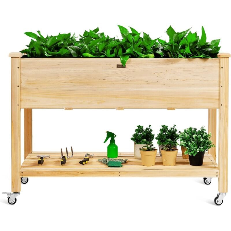 foto del prodotto goplus fioriera in legno rialzata, con ruote di bloccaggio, letto da giardino mobile con ripiano di stoccaggio e foro di drenaggio per fiori, erbe,