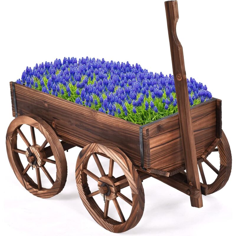 foto del prodotto goplus fioriera per piante con 4 ruote, carrello portafiori da giardino, con manico regolabile, di legnodi abete, marrone, 120x43x53,5 cm