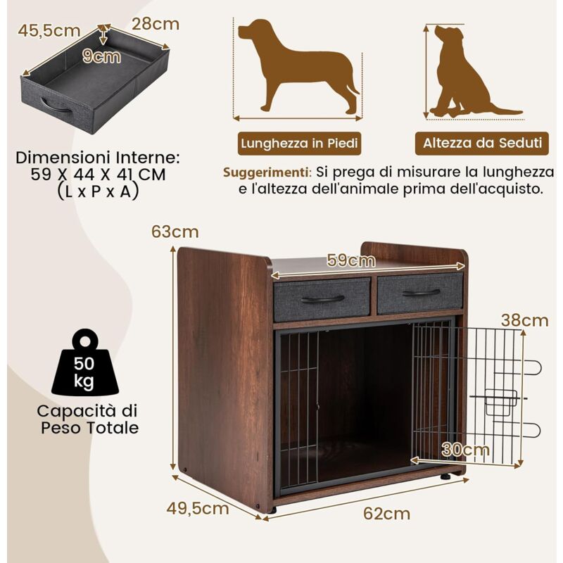 foto del prodotto goplus gabbia per cani in legno con porta bloccabile, 2 cassetti in tessuto, canile per interni con piano del tavolo robusto per cani piccoli e