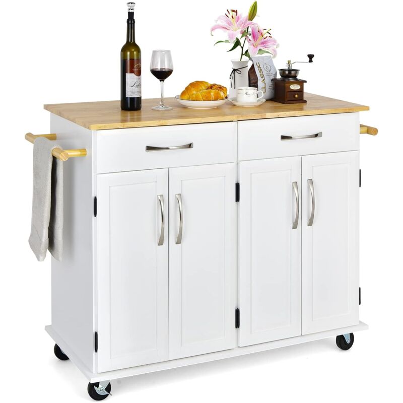 foto del prodotto goplus isola da cucina con ruote bloccabili, carrello da cucina con piano in legno di gomma, 2 cassetti, 2 portasciugamani, 4 ante, ripiani