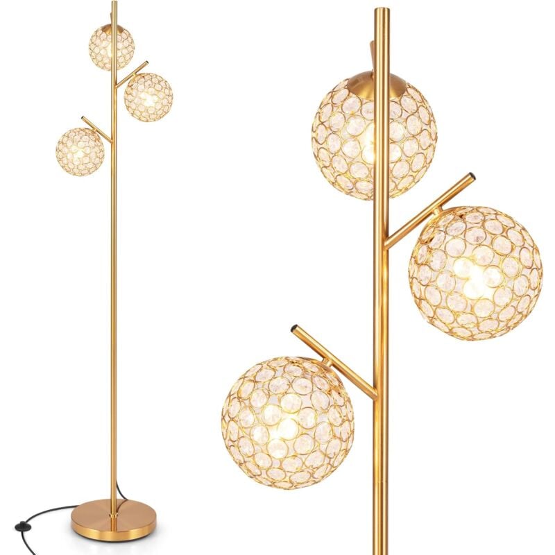 foto del prodotto goplus lampada da terra a 3 globi d oro, lampada a stelo alta 169 cm con paralumi in acrilico, base e interruttore a pedale, lampada indipendente