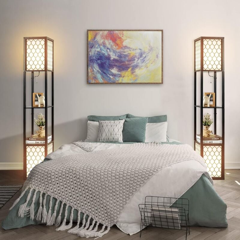 foto del prodotto goplus lampada da terra a 3 livelli con piano portaoggetti e 2 portalampade e27, adatta per soggiorno, camera da letto, balcone, 26x26x156cm, nero