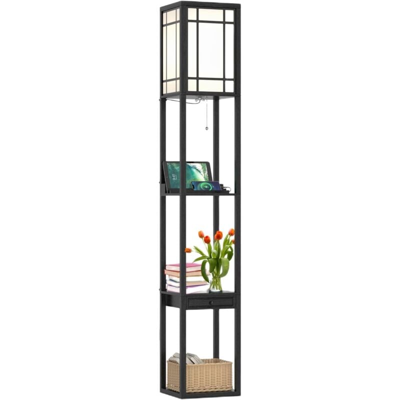 foto del prodotto goplus lampada da terra a mensola, con 3 ripiani, porte di ricarica usb e 1 cassetto, per soggiorno, camera da letto, design vintage e moderno,