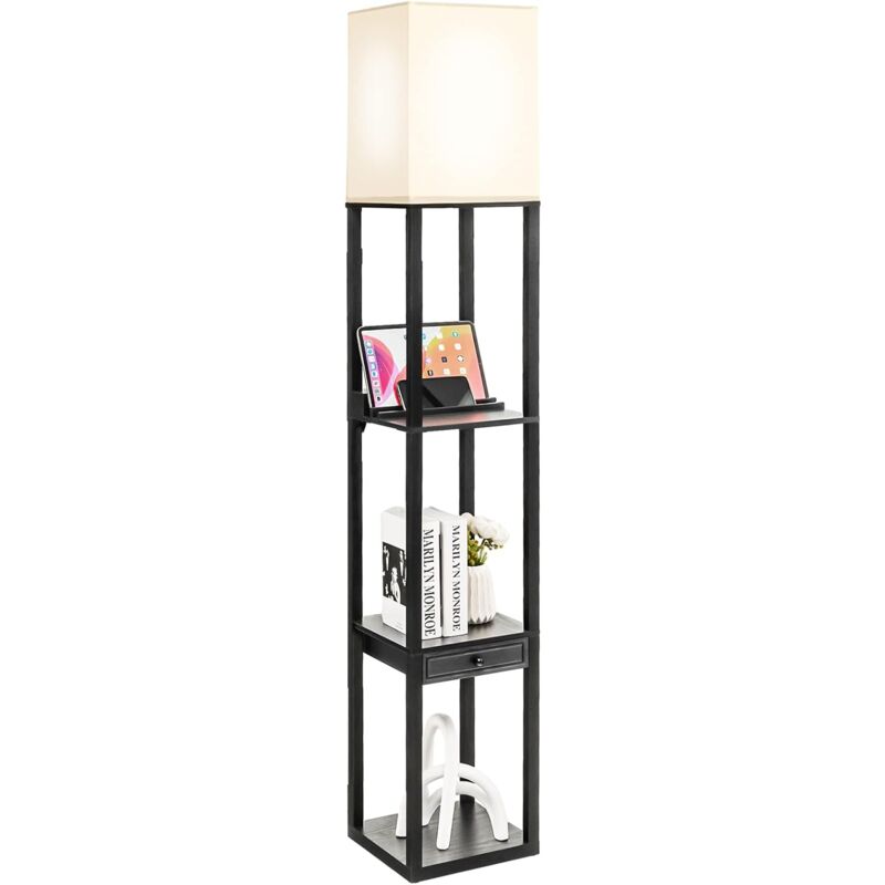foto del prodotto goplus lampada da terra con ripiani e cassetto, lampada a scaffale indipendente con presa di corrente e porta usb, luminosit regolabile per