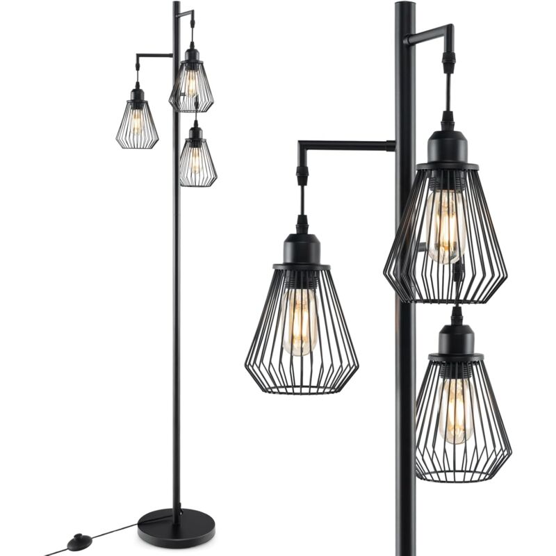foto del prodotto goplus lampada da terra stile rustico, lampada alta con 3 paralumi a gabbia, interruttore a pedale base stabile, lampada ad albero per soggiorno,