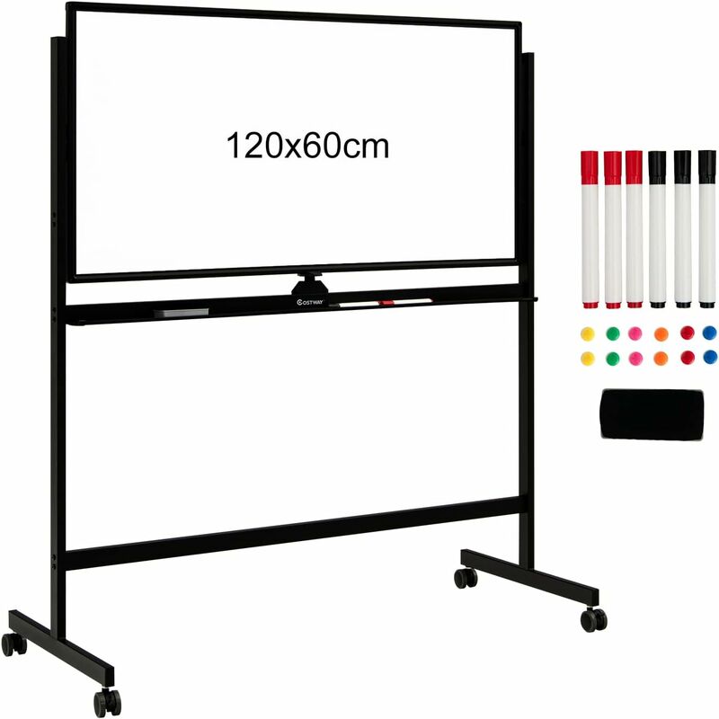 foto del prodotto goplus lavagna magnetica bifacciale con ruote, lavagna in stile cavalletto regolabile in altezza, lavagna magnetica a rotolamento reversibile per
