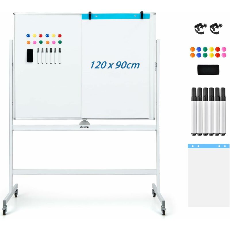 foto del prodotto goplus lavagna magnetica con 4 ruote, lavagna bifacciale con set di accessori, cancellabile a secco, lavagna mobile regolabile in altezza, per
