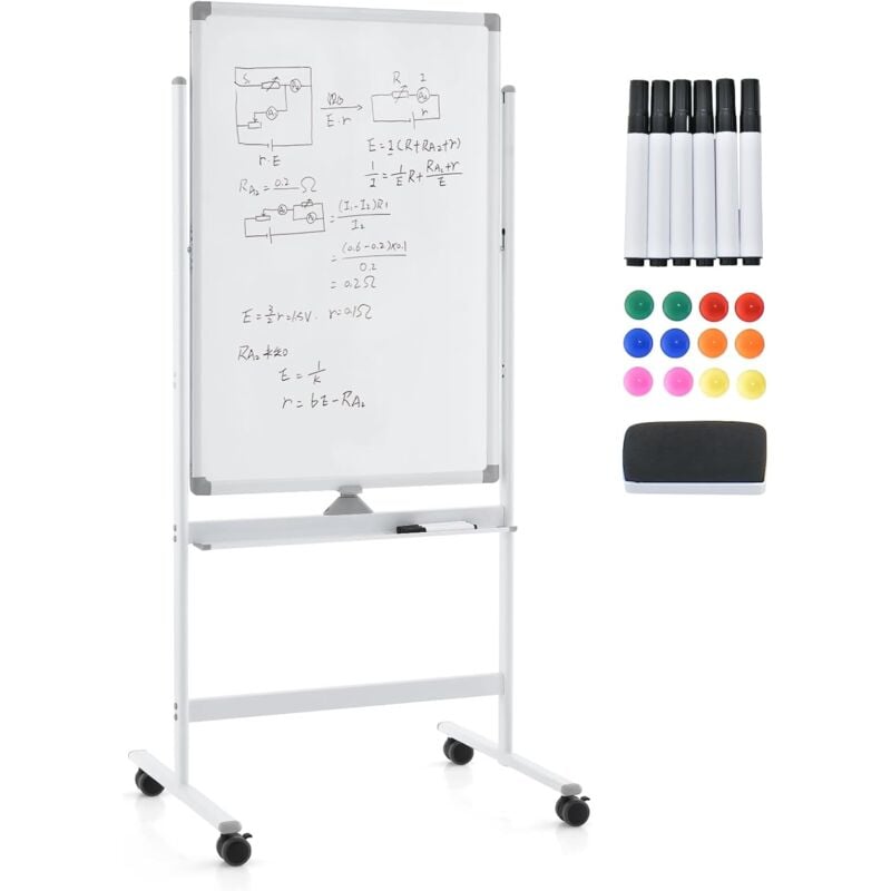 foto del prodotto goplus lavagna magnetica con 4 ruote, lavagna bifacciale con set di accessori, cancellabile a secco, lavagna mobile regolabile in altezza, per