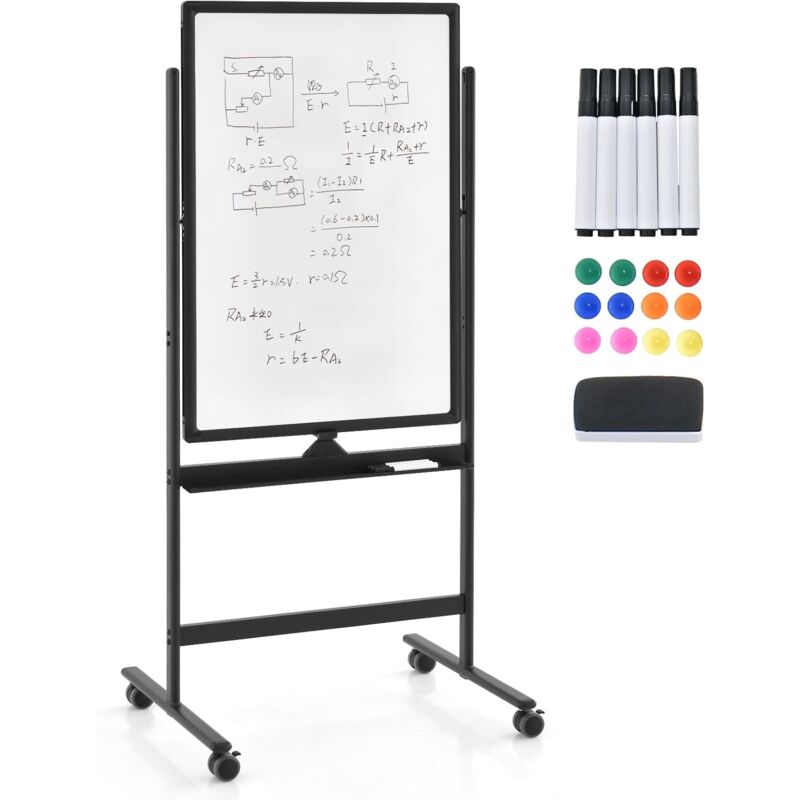 foto del prodotto goplus lavagna magnetica con 4 ruote, lavagna bifacciale con set di accessori, cancellabile a secco, lavagna mobile regolabile in altezza, per