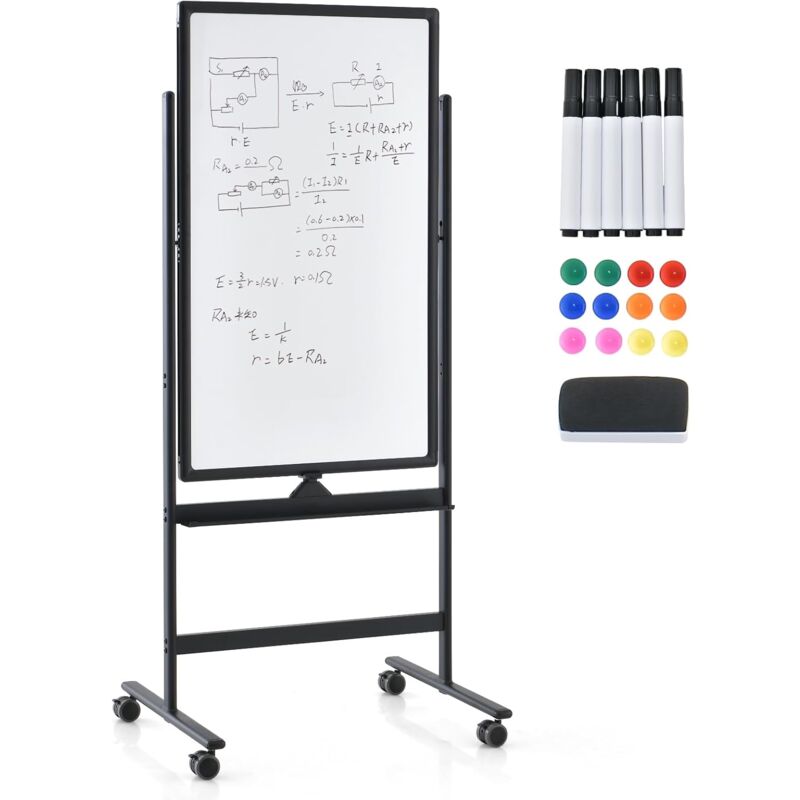 foto del prodotto goplus lavagna magnetica con 4 ruote, lavagna bifacciale con set di accessori, cancellabile a secco, lavagna mobile regolabile in altezza, per