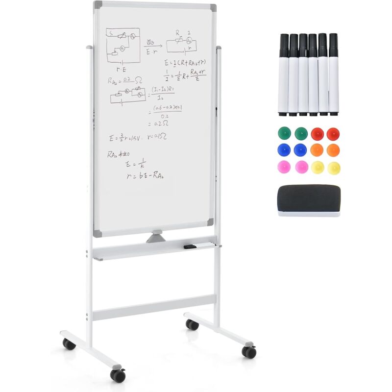 foto del prodotto goplus lavagna magnetica con 4 ruote, lavagna bifacciale con set di accessori, cancellabile a secco, lavagna mobile regolabile in altezza, per