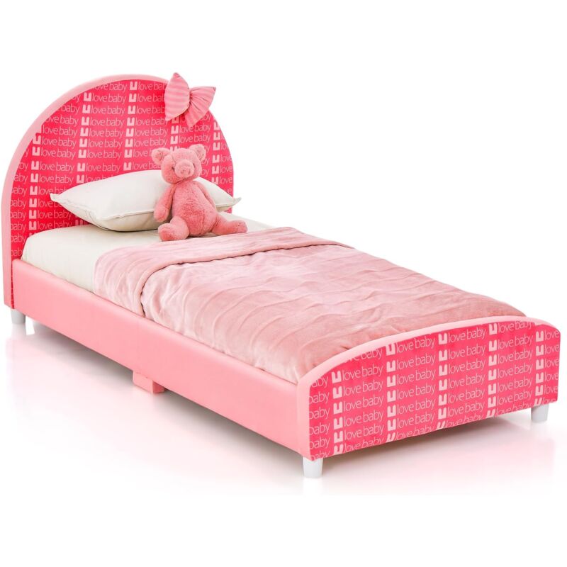 foto del prodotto goplus lettino per bambini con struttura robusta, letto per bambini con testiera imbottita e decorazione a fiocco per bambini dai 1 ai 6 anni,