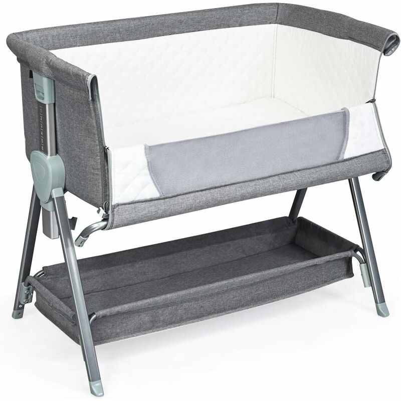 foto del prodotto goplus lettino per bambino con materasso, 6 altezze regolabili, culla per neonati fianco letto con ruote e cestino portaoggetti, grigio, 83,5x56x93