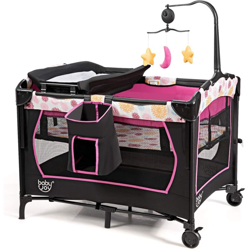 foto del prodotto goplus lettino per bambino con materasso morbido, lettino pieghevole con 4 ruote, lettoportatileda viaggioper neonati,102x72x80,5 cm rosa 