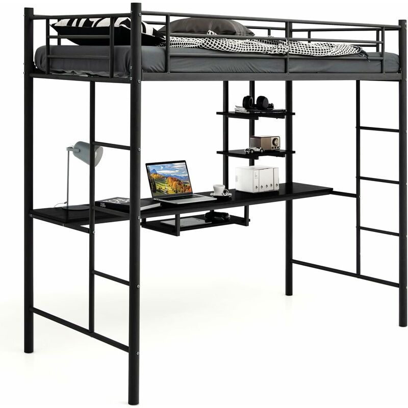 foto del prodotto goplus letto a soppalco in metallo con scrivania, letto multiuso 2 in 1 con postazione di lavoro, scaffali di stoccaggio, 2 scale e barre a tutta