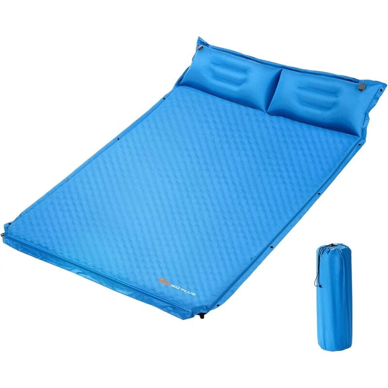 foto del prodotto goplus letto gonfiabile da campeggio, materasso gonfiabile in pvc e spugna con cuscini, facile da sgonfiare e trasportare, 186 x 130 x 3,5 cm blu 