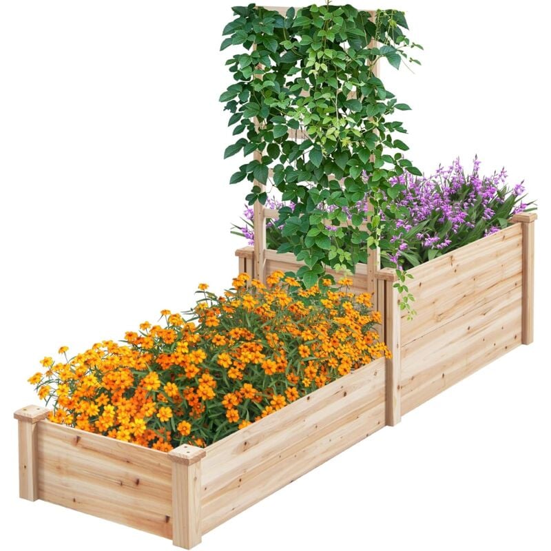 foto del prodotto goplus letto rialzato con 2 fioriere e traliccio, kit fioriera in legno per piantine, fiori, erbe, verdure, frutta, viti rampicanti, fioriera da