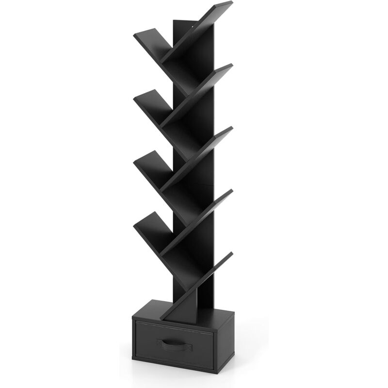foto del prodotto goplus libreria ad albero, libreria stretta verticale 150 cm con 10 ripiani, base cava e cassetto pieghevole rimovibile, organizer per salone