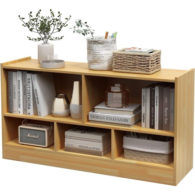 foto del prodotto goplus libreria bassa in legno, 2 livelli, 5 scomparti, deposito classificato, ideale per soggiorno, studio ed ufficio, stile moderno, 112 x 30,5 x