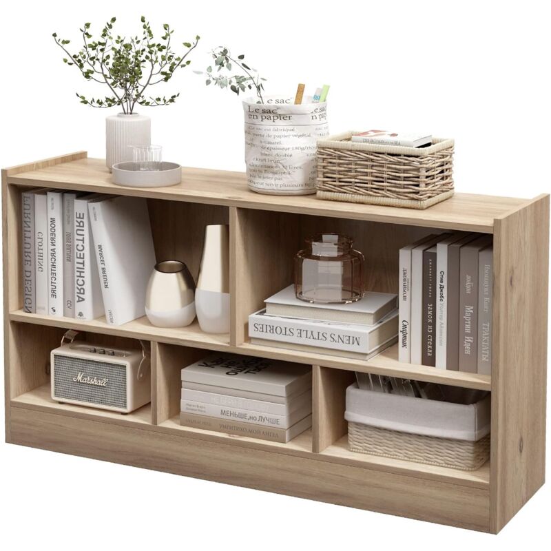 foto del prodotto goplus libreria bassa in legno, 2 livelli, 5 scomparti, deposito classificato, ideale per soggiorno, studio ed ufficio, stile moderno, 112 x 30,5 x