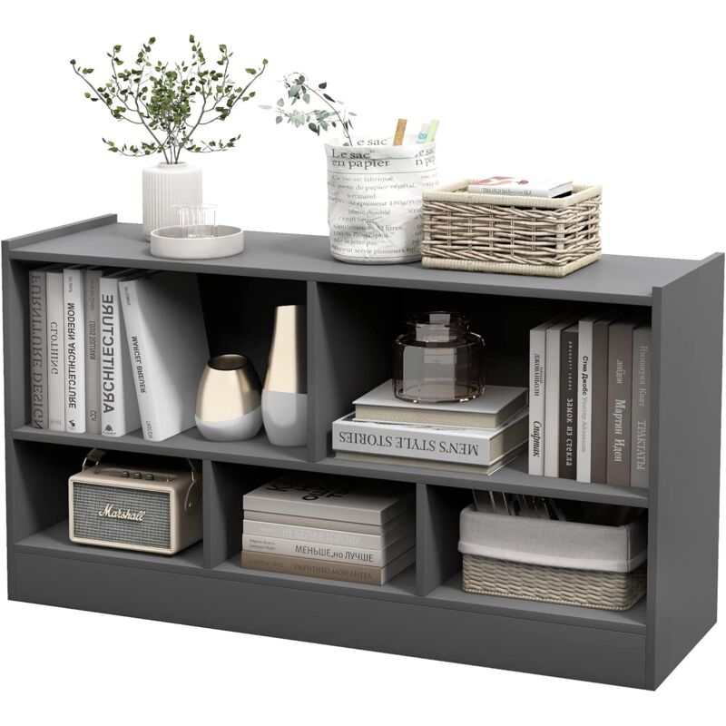 foto del prodotto goplus libreria bassa in legno, 2 livelli, 5 scomparti, deposito classificato, ideale per soggiorno, studio ed ufficio, stile moderno, 112 x 30,5 x