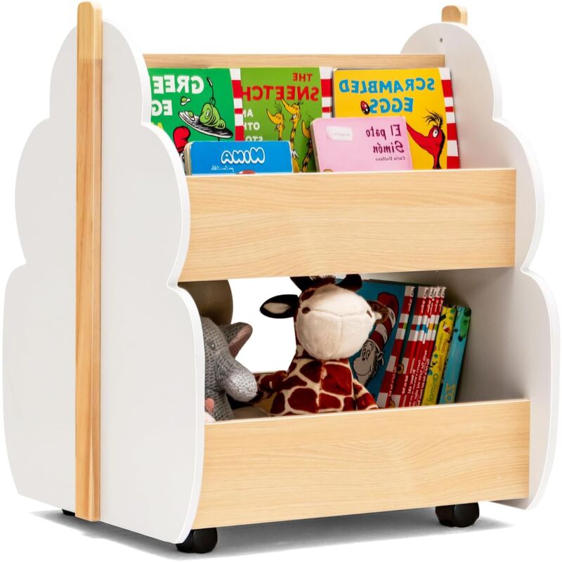 foto del prodotto goplus libreria per bambini con ruote, scaffale a pavimento in legno, gancio in pino e aspetto a forma di albero, organizzatore per giocattoli a 2