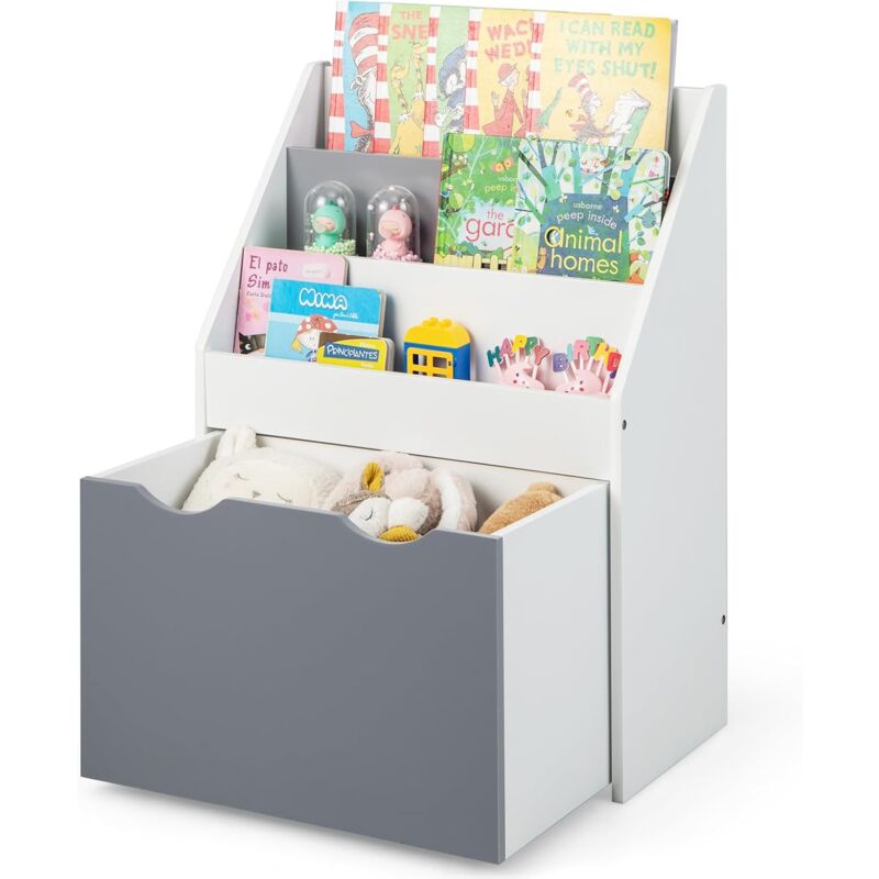 foto del prodotto goplus libreria per bambini, scaffale per giocattoli con 3 scomparti e cassetto estraibile, organizzatore di giocattoli con 4 ruote universali,
