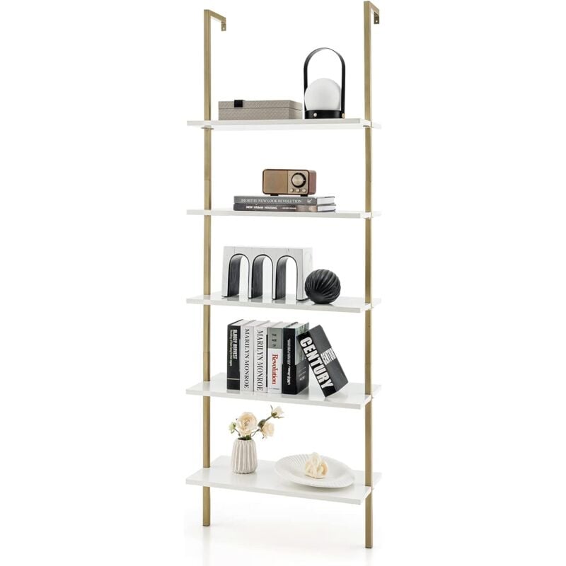 foto del prodotto goplus libreria scaffale a scala da parete, mensole a 5 ripiani, struttura in metallo, design aperto, portata di 150 kg, arredo soggiorno, ufficio