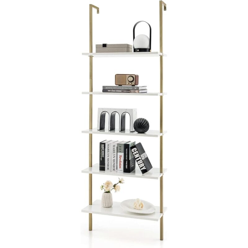 foto del prodotto goplus libreria scaffale a scala da parete, mensole a 5 ripiani, struttura in metallo, design aperto, portata di 150 kg, arredo soggiorno, ufficio e