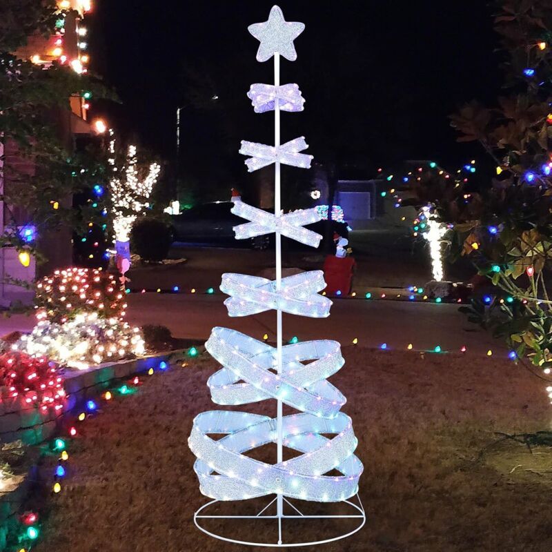 foto del prodotto goplus luci natalizie a forma di alberi natale a spirale, con 341 luci led, 34 modalit di illuminazione, 4 chiodi a terra, decorazione di natale per