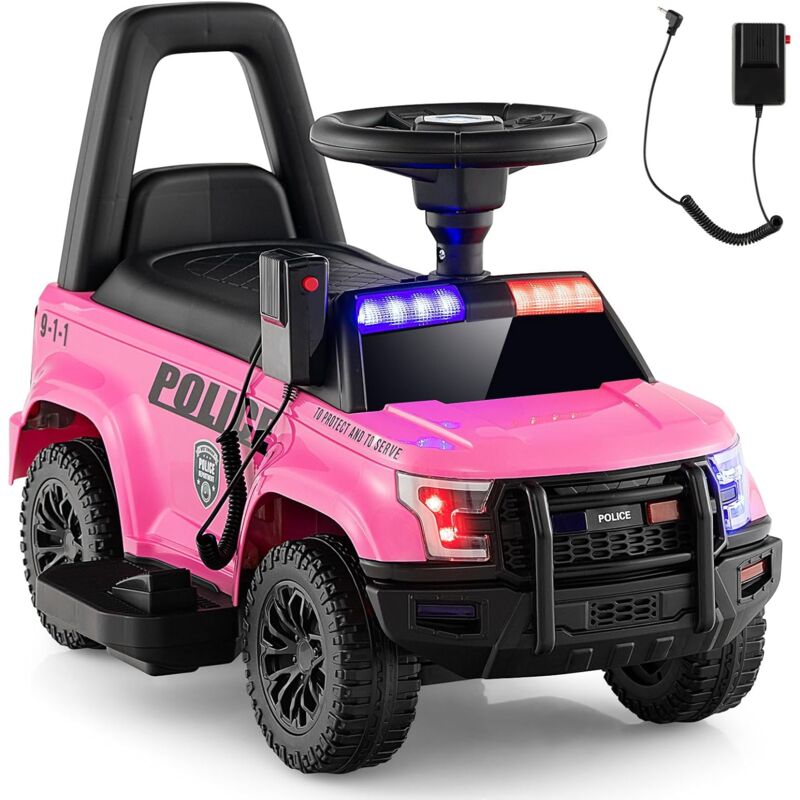 foto del prodotto goplus macchina cavalcabile per bambini, macchina della polizia cavalcabile alimentata a batteria 6v con megafono sirene e luci, cavalcabile con
