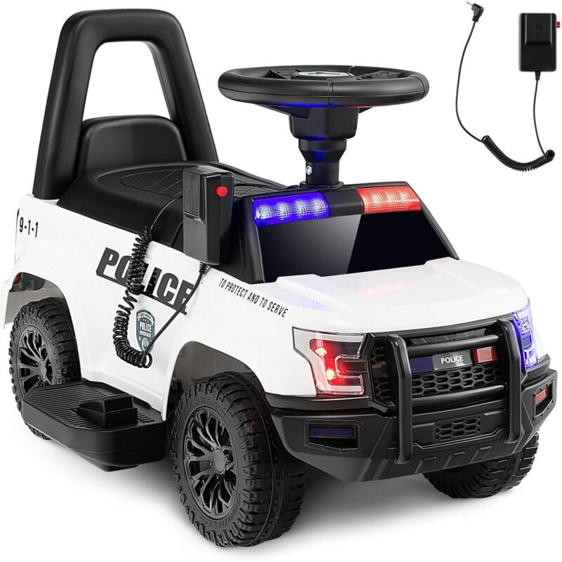 foto del prodotto goplus macchina cavalcabile per bambini, macchina della polizia cavalcabile alimentata a batteria 6v con megafono sirene e luci, cavalcabile con