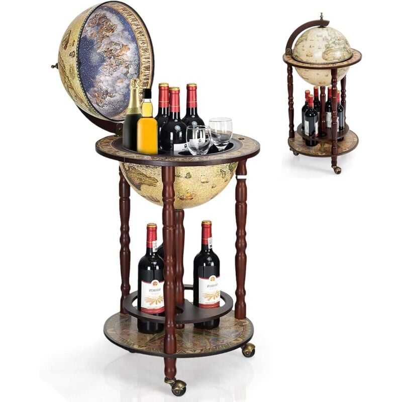 foto del prodotto goplus mappamondo bar porta bottiglie scaffale per vino in modello mappamondo vintage artistico, supporto robusto di legno, con 3 ruote