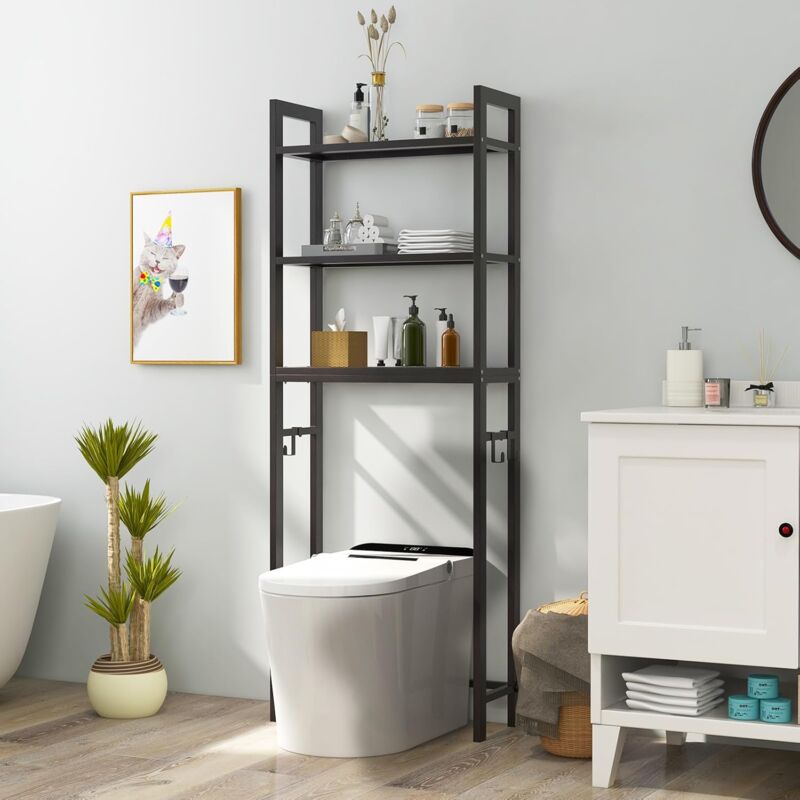 foto del prodotto goplus mensola sopra gabinetto, organizzatore da bagno in metallo con dispositivo antiribaltamento, mobile wc bagno con 3 ripiani e 3 ganci,