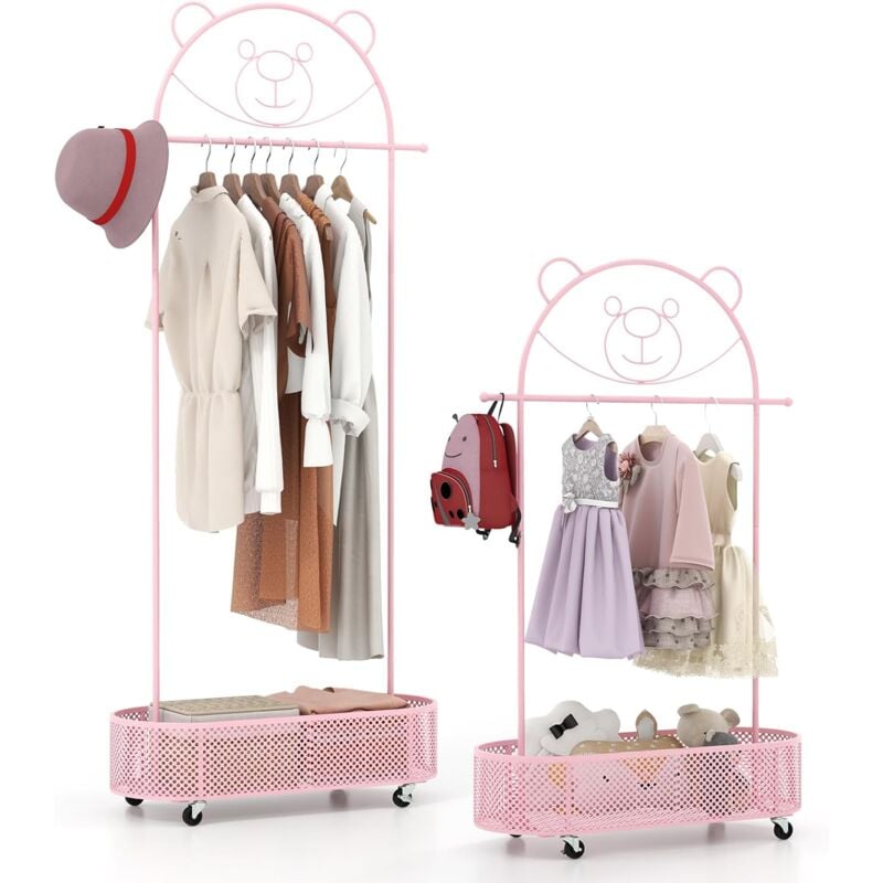 immagine 0 del prodotto goplus mobile appendiabiti per bambini, appendiabiti per vestiti rotolante con cesto, 3 altezze regolabili, in metallo a forma di orso per camera