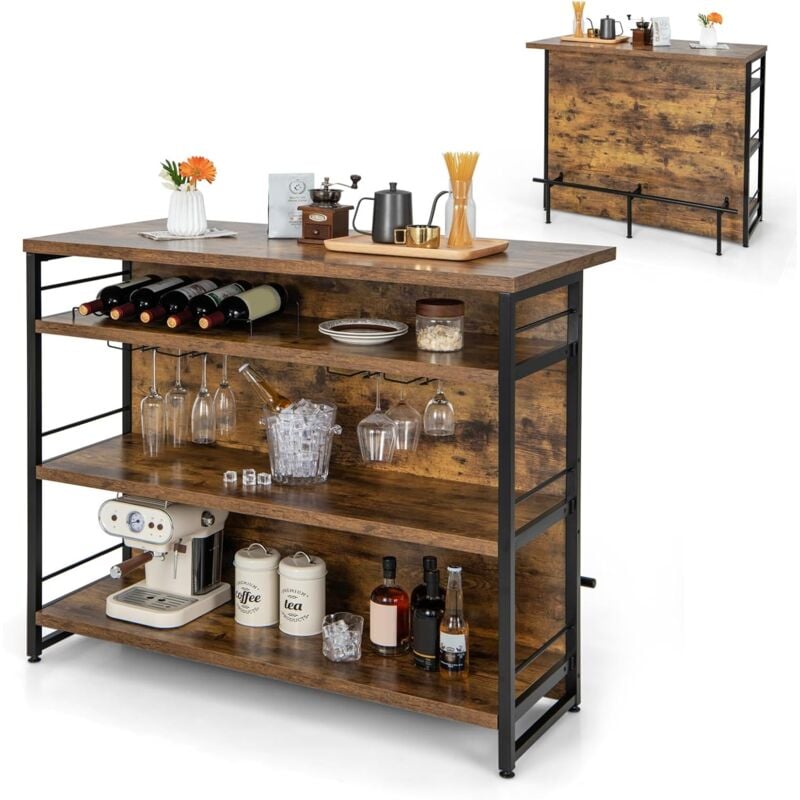 foto del prodotto goplus mobile bar industriale per casa, isola da cucina a 4 livelli con ripiani, portabottiglie, porta calici, mobile da bar con poggiapiedi lungo,