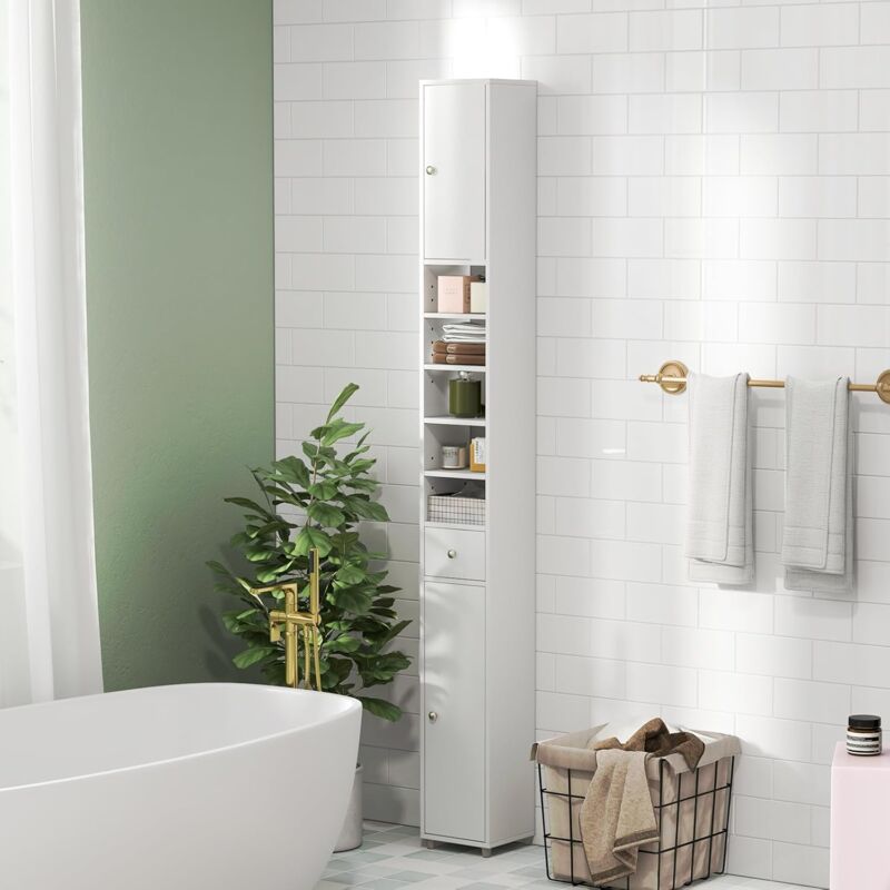 foto del prodotto goplus mobile da bagno stretto, armadio alto portaoggetti, con 2 ante, 1 cassetto, 5 ripiani regolabili, dispositivo antiribaltamento, colonna wc