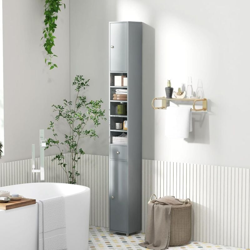 foto del prodotto goplus mobile da bagno stretto, armadio alto portaoggetti, con 2 ante, 1 cassetto, 5 ripiani regolabili, dispositivo antiribaltamento, colonna wc